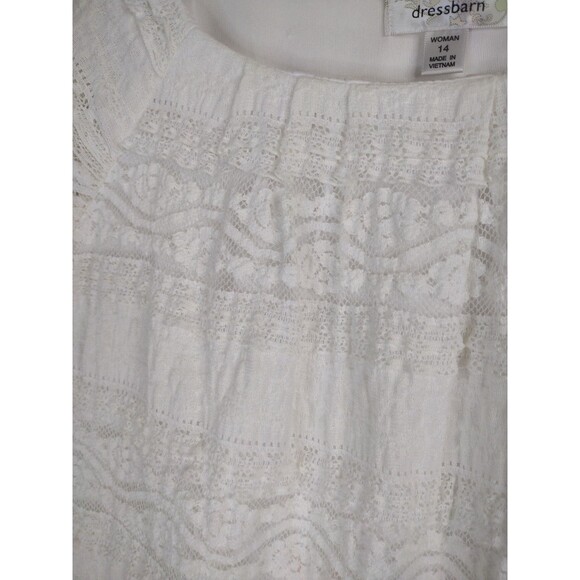 Dressbarn women 14 white lace tiers 3/4 flared ruffle sleeve shift dress stretch - Picture 7 of 16